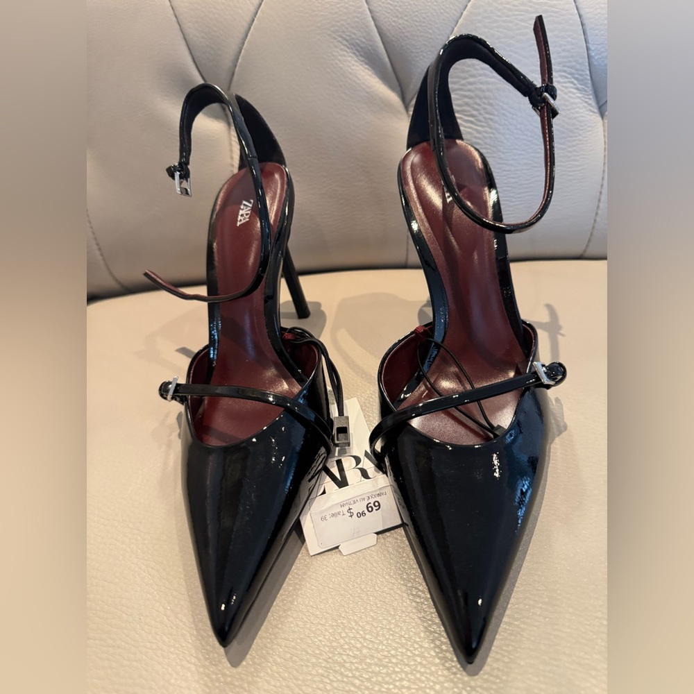 Zara Black Patent Pointed-Toe Ankle-Strap Heels